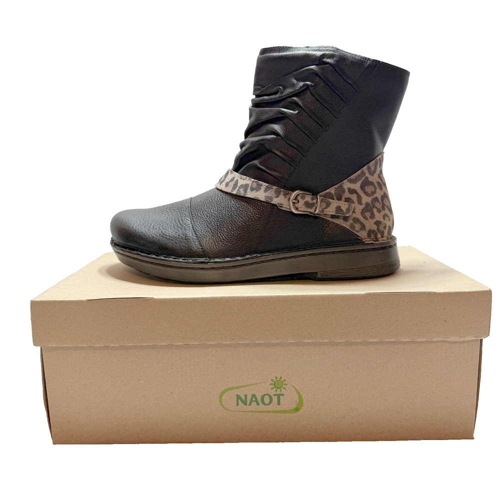 NAOT Lorca Ankle Boots Womens EU 39 /US 8-8.5 Soft Black/Cheetah Leather - NIB